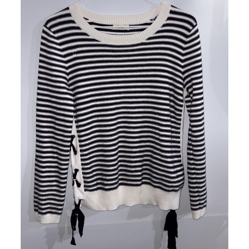 Cupio Womens M Black White Striped Knit Crew Neck Pullover Lace-Up Sweater